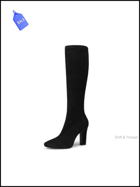 Shoes - Women's Knee High Chunky Heel Boots Faux Suede Stretch Zip-Up